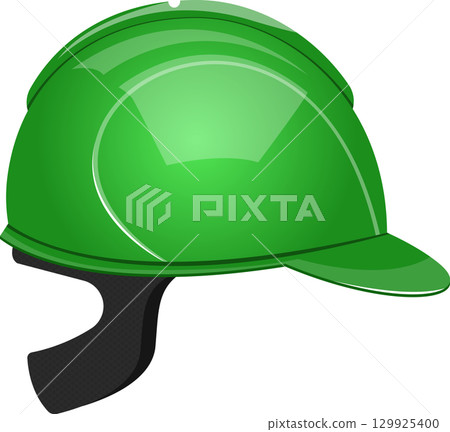 Green construction hard hat, protective safety gear for workers. Bright color, essential equipment. 129925400