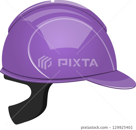 A shiny purple helmet with a black strap is safety gear for sports and recreational activities. 129925401