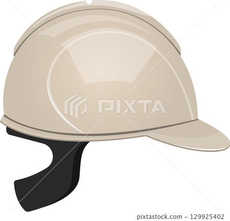 Side view of an illustration depicting a beige-colored safety helmet with a black chin strap. Side view of an illustration depicting a beige-colored safety helmet with a black chin strap. 129925402