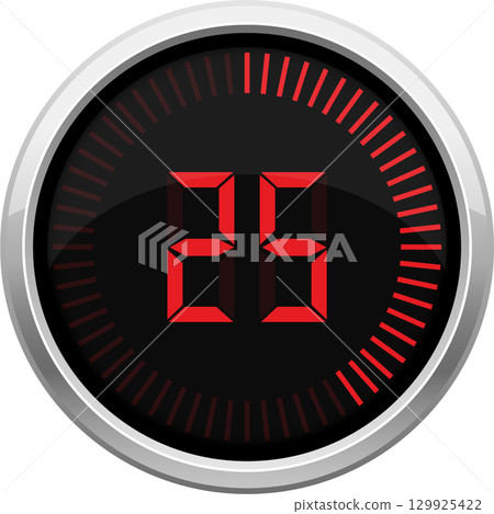 Digital display timer with metallic border and a dark backdrop showing the number '25' in red. Digital display timer with metallic border and a dark backdrop showing the number '25' in red. 129925422