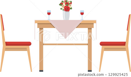 Romantic dinner setup with a table, two chairs, wine glasses, and a vase of flowers. 129925425