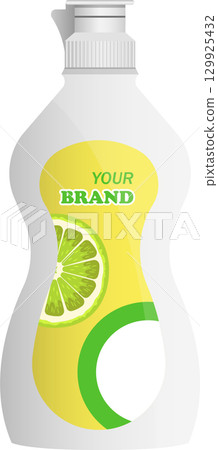 A squeeze bottle of dish soap with lemon scent and label, isolated against black backdrop. 129925432