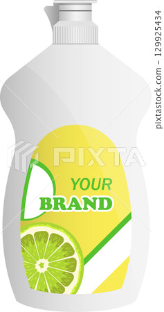 Bottle of dish soap with lime scent, promoting cleanliness and a fresh, citrusy fragrance. 129925434