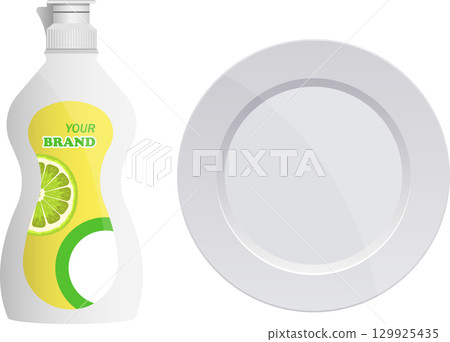Dish soap bottle with lime fragrance alongside a clean, white, round plate for dishwashing tasks. 129925435