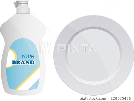 Dish soap bottle next to a white plate, symbolizing cleaning and household maintenance needs. Dish soap bottle next to a white plate, symbolizing cleaning and household maintenance needs. 129925436