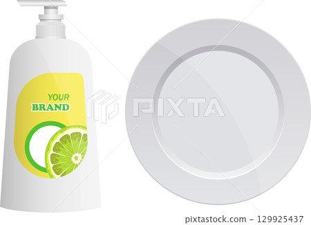 Dish soap bottle with lime scent next to a white plate, suggesting dish cleaning time. 129925437