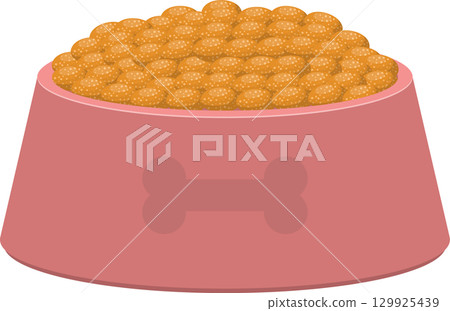 A pink pet bowl is filled to the brim with dry, golden, pellet-shaped food with white specks. A pink pet bowl is filled to the brim with dry, golden, pellet-shaped food with white specks. 129925439