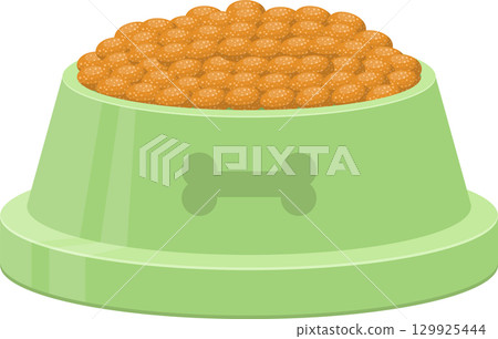 A green bowl filled to the brim with orange kibble, complete with a bone shape on the side. A green bowl filled to the brim with orange kibble, complete with a bone shape on the side. 129925444