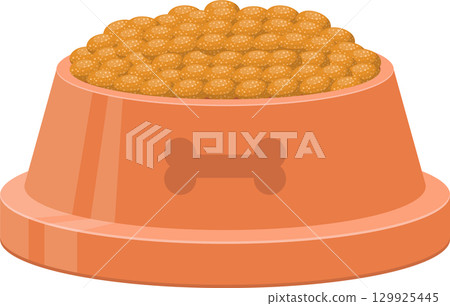A terracotta-colored pet bowl overflowing with dry food, featuring a bone symbol on the side. A terracotta-colored pet bowl overflowing with dry food, featuring a bone symbol on the side. 129925445