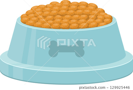 An image showcasing a light-blue pet bowl brimming with golden-brown kibble against a black background. 129925446