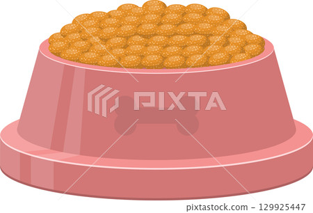 Full pet food bowl with bone decoration, standing ready for a furry friend's hungry appetite. 129925447