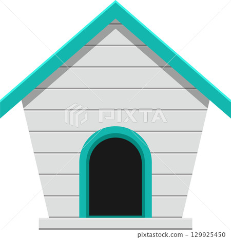A charming, cartoon-style dog house with a teal roof, trim, and door frame against a black backdrop. 129925450