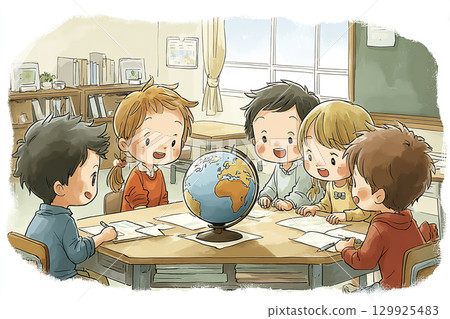 A class where children use a globe to learn about countries and continents 129925483
