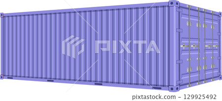 A long, rectangular, corrugated metal shipping container shown in light purple and dark grey. 129925492