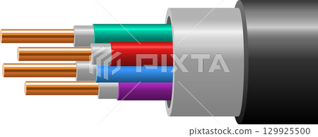 Exposed wires showing copper and colorful insulation, contained within a gray shielded cable. 129925500