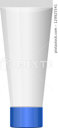 A white tube with a blue cap is displayed. It is a squeeze tube for lotion or cream product. A white tube with a blue cap is displayed. It is a squeeze tube for lotion or cream product. 129925541