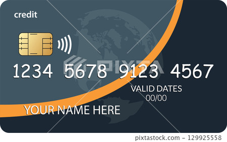 A modern credit card design featuring a world map and secure contactless payment technology. 129925558