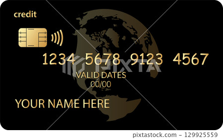 Golden card design featuring a world map background, card details, and contactless payment symbol 129925559
