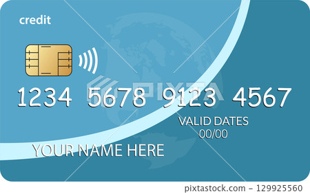 A generic simulated credit card with a blue background and a digital contactless payment symbol. 129925560