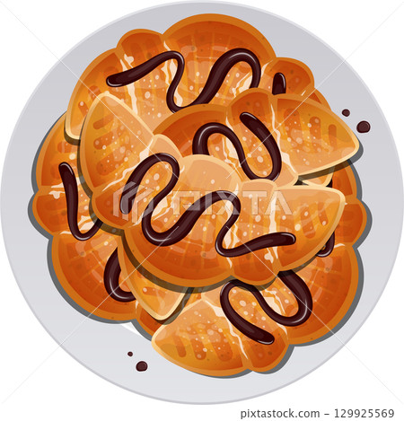 Croissant pastries arranged on a plate with dark brown sauce drizzled over them for a sweet treat. 129925569