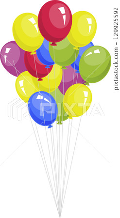 A bunch of colorful balloons floating in the air with long white strings on a black background. 129925592