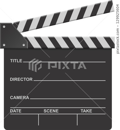 Isolated clapperboard with title, director, camera, date, scene, and take labels displayed. 129925604