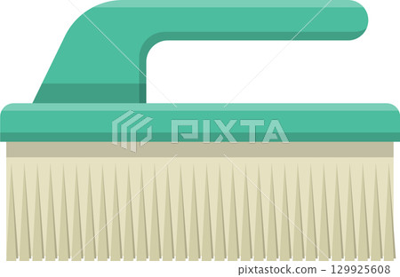 A light green cleaning brush with white bristles sits against a solid dark background. A light green cleaning brush with white bristles sits against a solid dark background. 129925608