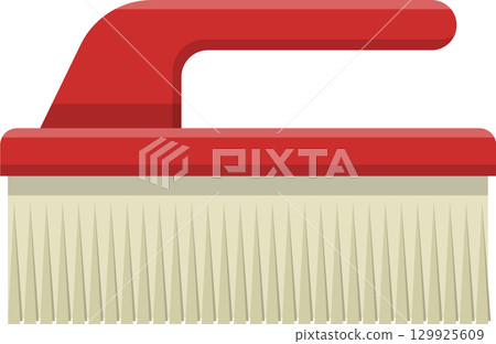 An illustration of a cleaning brush with a red plastic handle and beige bristled brush. 129925609