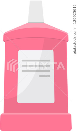 Pink bottle with a white label and cap, commonly used in bathrooms for various liquids. 129925613