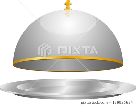 A silver serving platter with a dome-shaped cover, ideal for serving meals or keeping food warm. 129925654