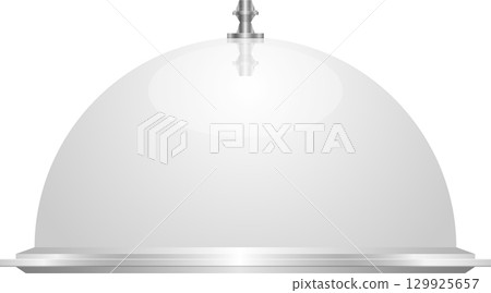 Metallic dome cloche with reflective surface sitting on a tiered circular reflective base Metallic dome cloche with reflective surface sitting on a tiered circular reflective base 129925657