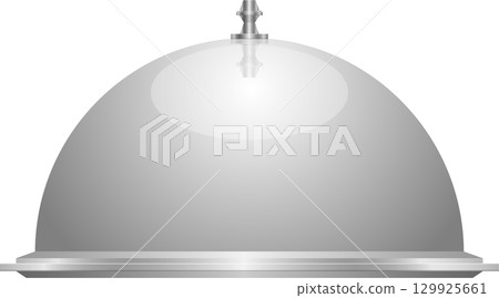 Silver platter dome with ornate top; gleaming surface reflecting light. Elegant presentation tool. Silver platter dome with ornate top; gleaming surface reflecting light. Elegant presentation tool. 129925661