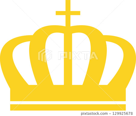 A golden stylized crown with a cross above it, against a solid black background, simple and elegant. 129925678