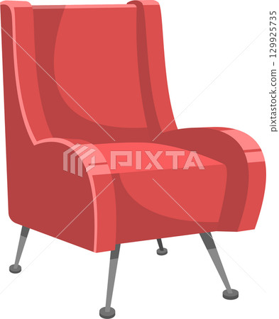 A red armchair with a high back and angled legs, set against a stark black backdrop. Cartoon style. 129925735