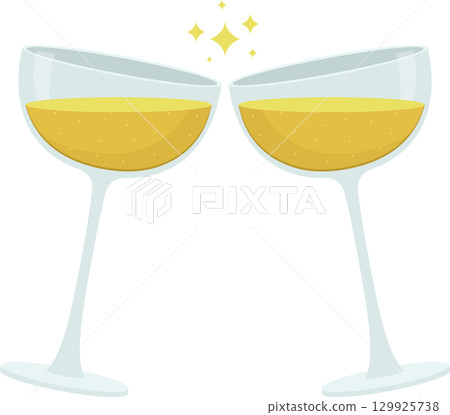 Celebratory toast with two coupe glasses filled with bubbly golden liquid, shimmering stars above. 129925738