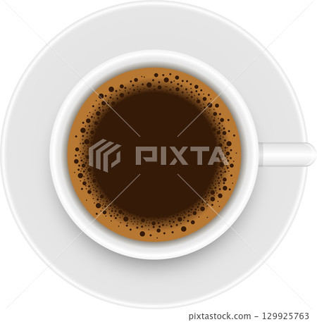 Overhead view of a cup of dark roast coffee in a white cup and saucer, simple and clean. Overhead view of a cup of dark roast coffee in a white cup and saucer, simple and clean. 129925763