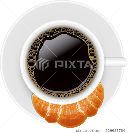 Overhead view of fresh brewed coffee in white cup and croissant pastry, warm breakfast vibes. 129925764