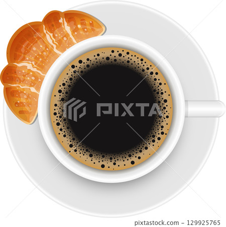 Overhead view of black coffee in a white cup with a croissant on a white saucer. 129925765