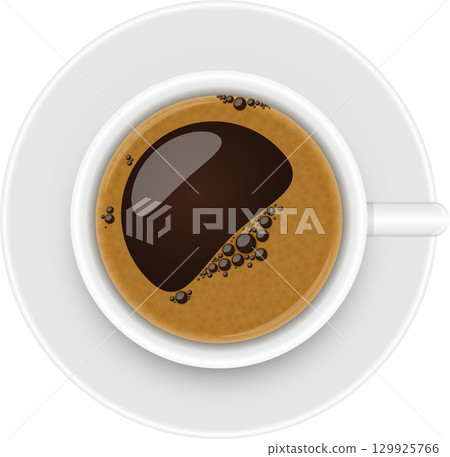 Overhead shot of a steamy cup of black coffee on a white saucer, inviting and caffeinated. 129925766