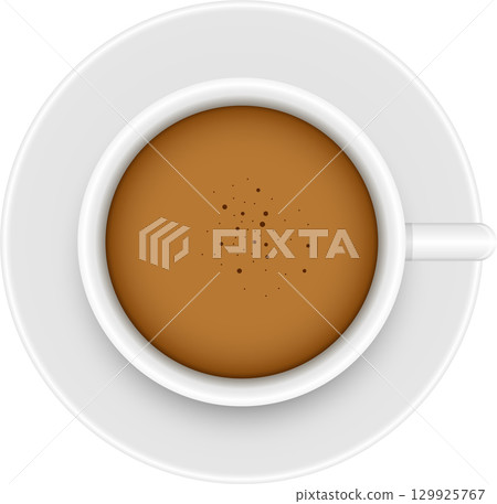 Top-down view of coffee cup, inviting warmth, simple joys, and caffeine boost in a clean style. 129925767