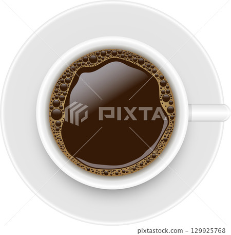 Overhead view of dark beverage in a white ceramic cup, ready to be enjoyed at any time. 129925768