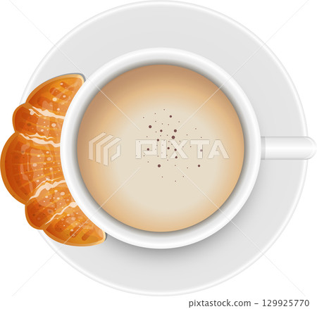 Overhead view of a cup of coffee with a croissant on a white plate, perfect for breakfast. Overhead view of a cup of coffee with a croissant on a white plate, perfect for breakfast. 129925770