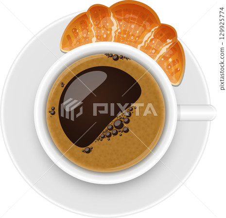 Overhead shot of a cup of dark roast coffee alongside a freshly baked crescent roll pastry. 129925774