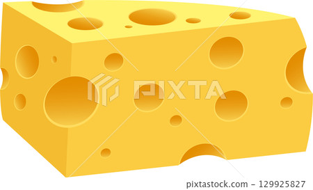 A block of cheese with varying size of holes on its surface, creating a food-related design. 129925827