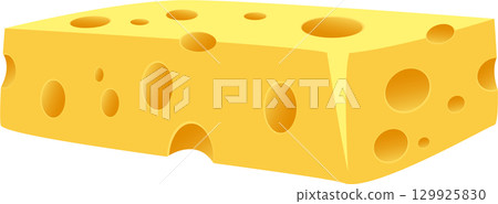 Cartoon block of yellow cheese with various sized holes, lying on its side with a shadow. Cartoon block of yellow cheese with various sized holes, lying on its side with a shadow. 129925830