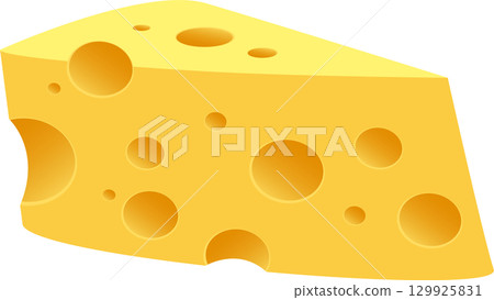 A triangular slice of cheese with varying sizes of holes, depicted in a cartoon style. A triangular slice of cheese with varying sizes of holes, depicted in a cartoon style. 129925831