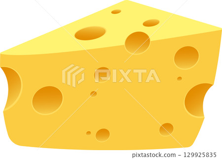 A triangular wedge of yellow swiss cheese with several holes of varying sizes in an illustration. A triangular wedge of yellow swiss cheese with several holes of varying sizes in an illustration. 129925835