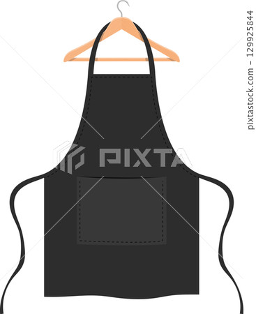 Black apron hanging on a wooden hanger, ready for use in cooking, crafting, or other activities. 129925844
