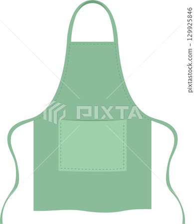 Light green apron with a front pocket and an overhead strap on a black background. Cooking gear. 129925846