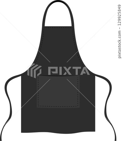 A gray apron is displayed in the center with a pocket stitched with a dashed line square. 129925849